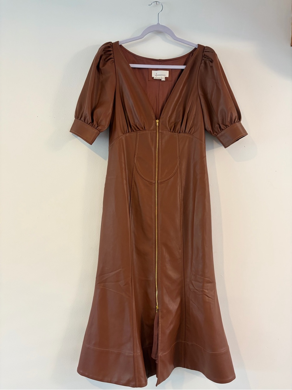 Anthropologie Cognac Brown Faux-Leather Midi Dress with Puff Sleeves